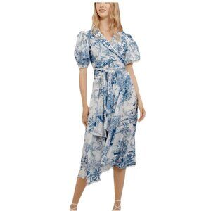 Guadalupe Blue and White "Monica" Short Puff Sleeve Wrap Midi Dress Sz S